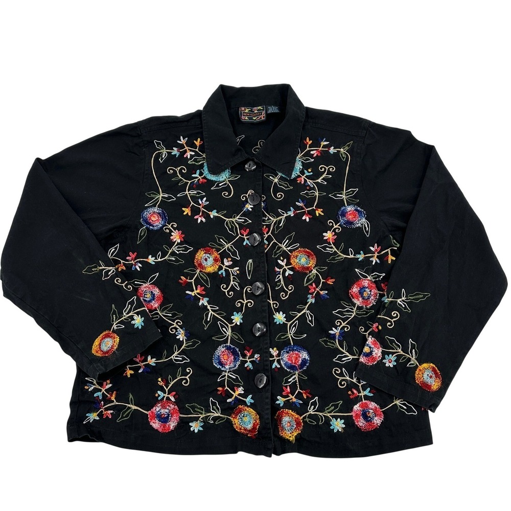New Identity Black Embroidered Floral Button Up Jacket  Cropped Women's Size L
